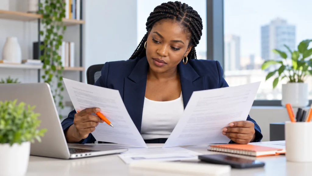Illustration of a Nigerian business owner reviewing registration papers beside a laptop.