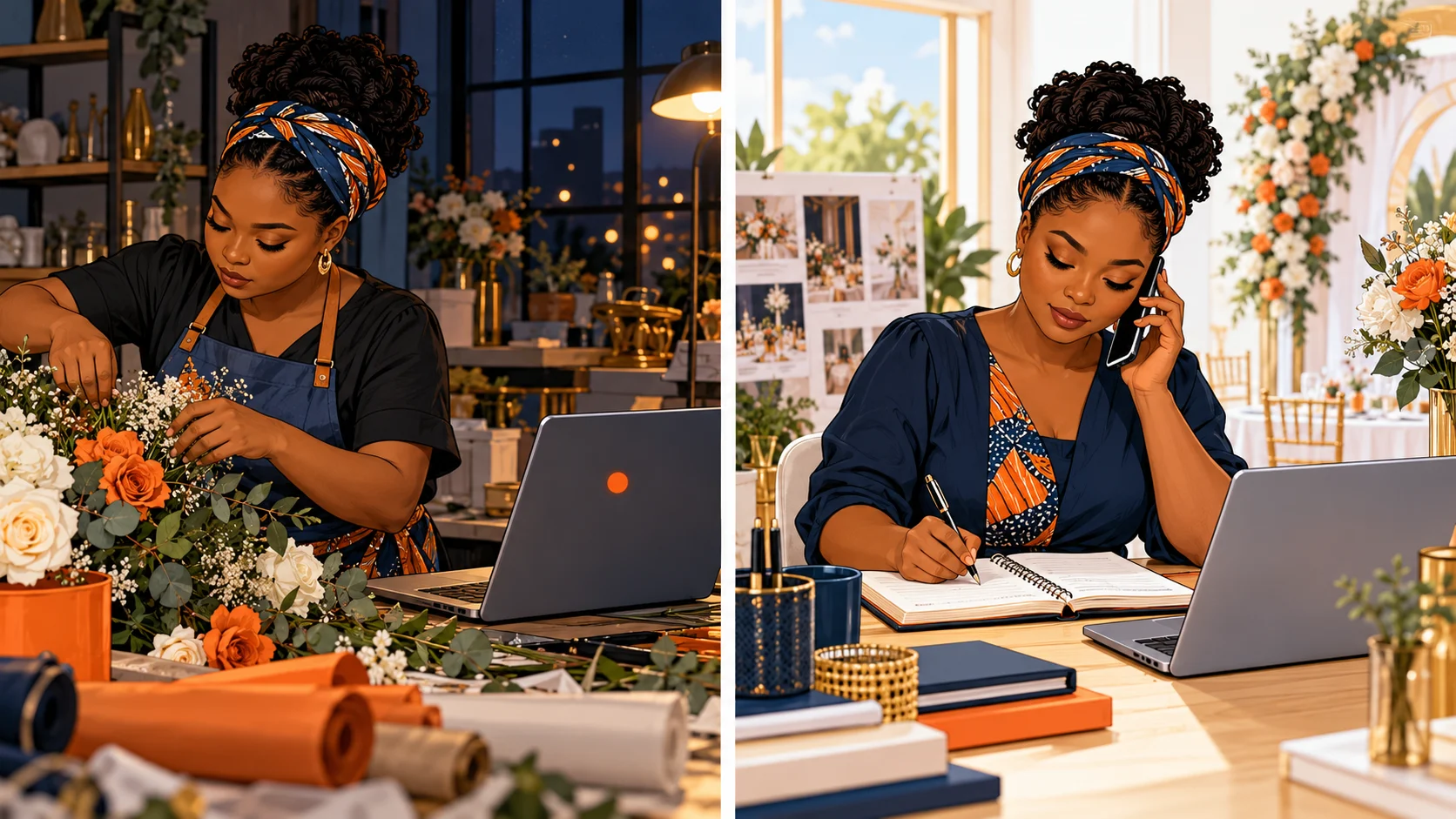 Two-panel illustration of an event-business owner working late, then responding to an enquiry the next morning.