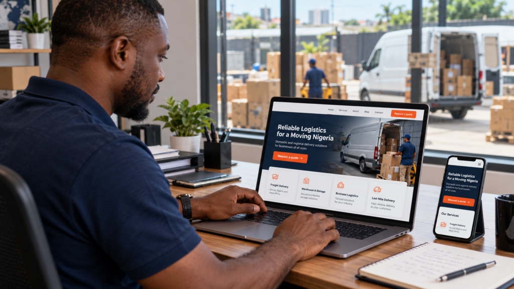 Illustrative scene of a Nigerian logistics operator viewing a logistics website on a laptop and phone.