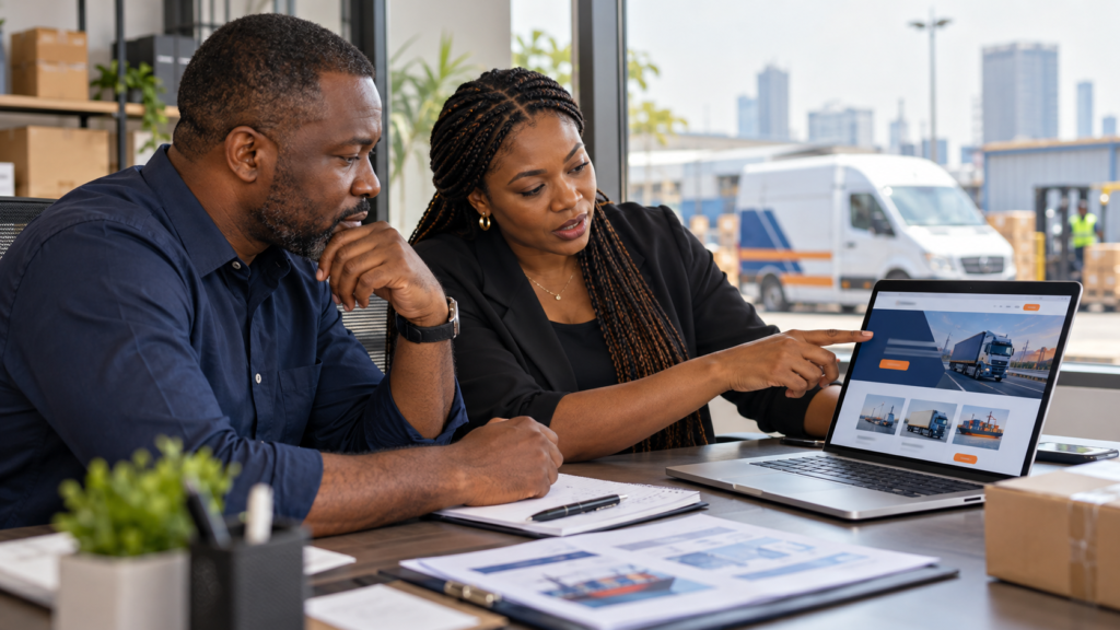 Illustration of a logistics business owner and website consultant reviewing a website together.