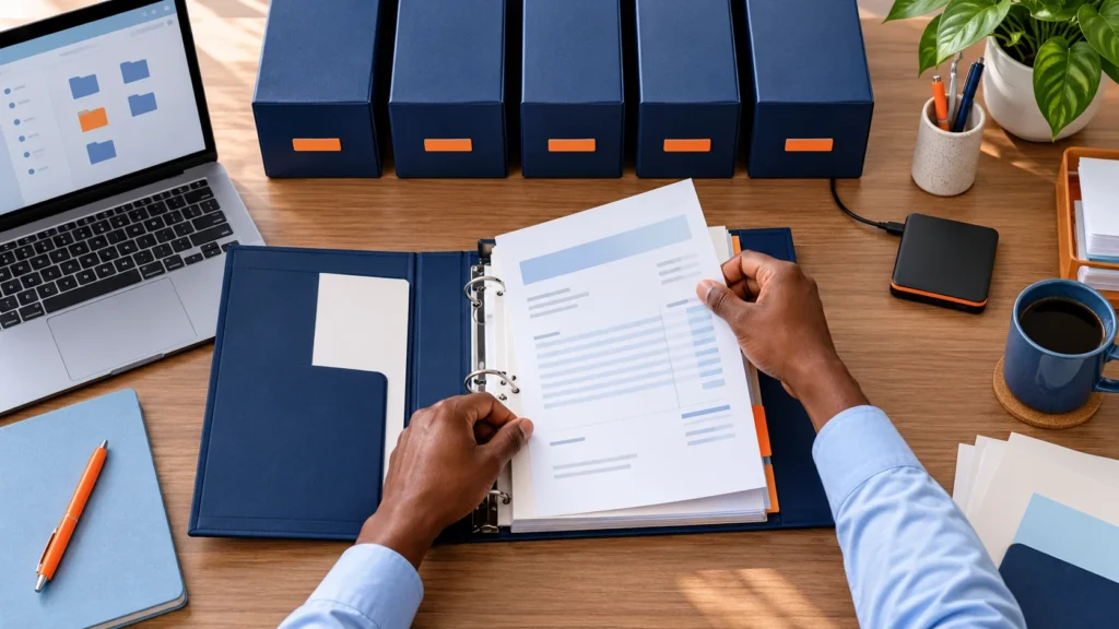 Illustration of business records filed in navy folders beside a laptop and backup drive.