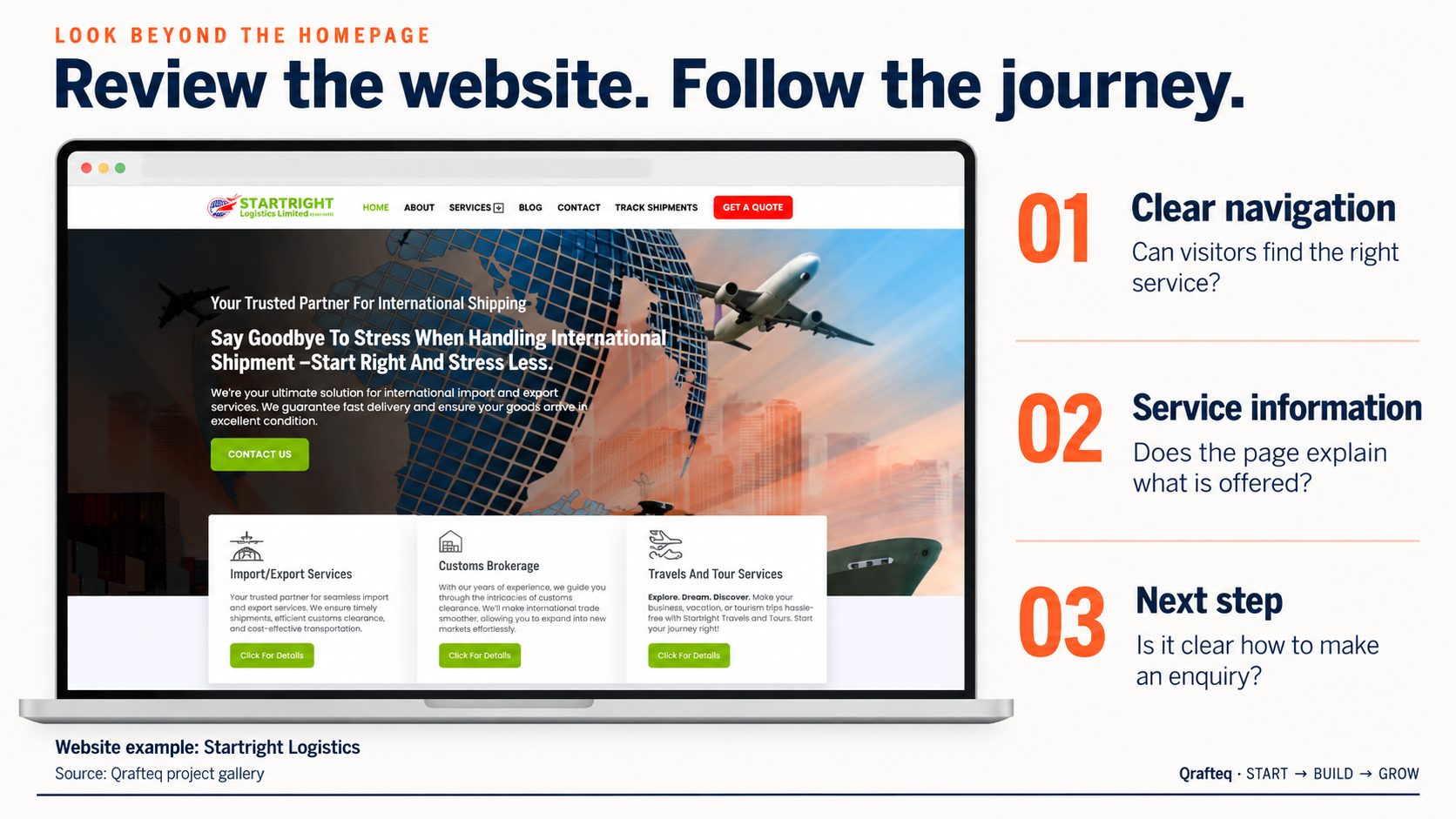 Startright Logistics website example with prompts to review navigation, service information and the next step.