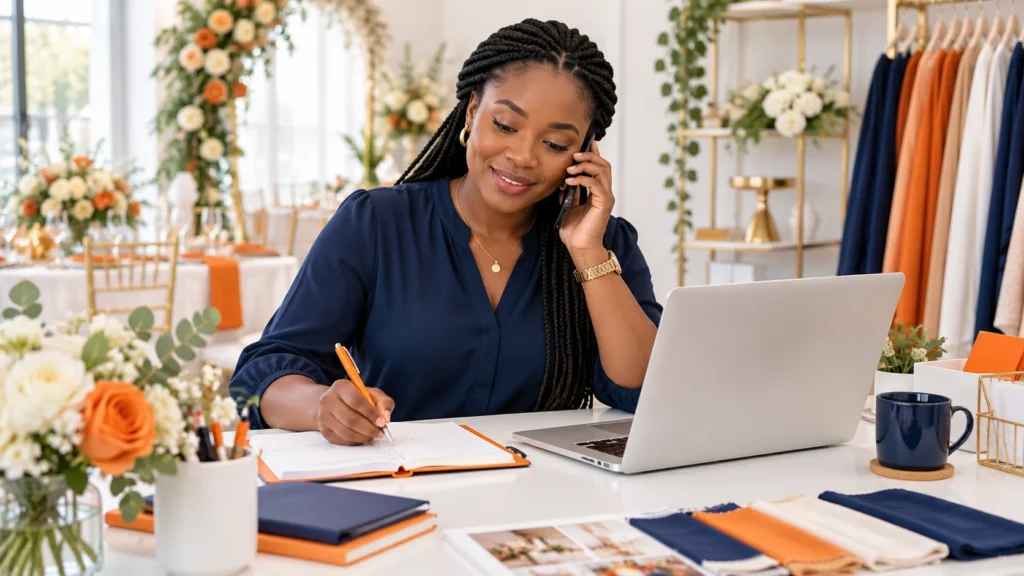 Illustration of an event-business coordinator responding to an enquiry and taking notes.