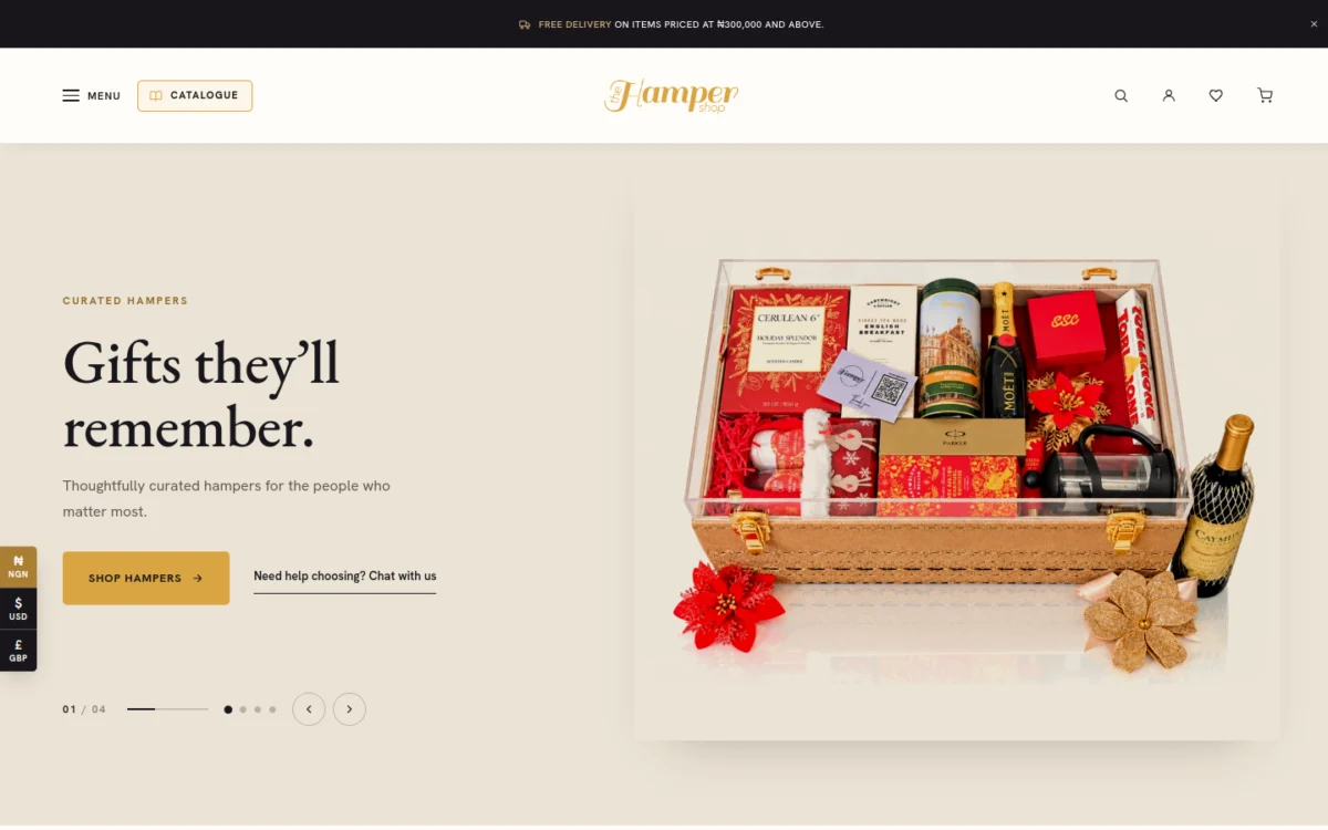 The Hamper Shop homepage after the revamp