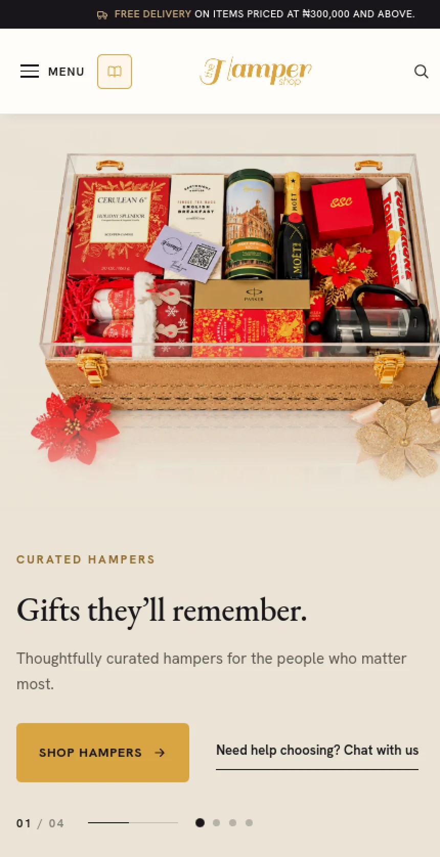 The Hamper Shop homepage on a phone