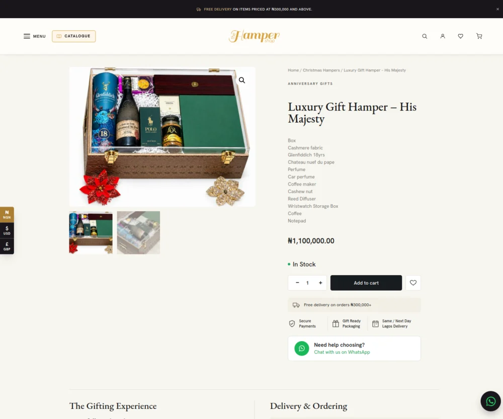 A Hamper Shop product page showing hamper contents, price and add to cart