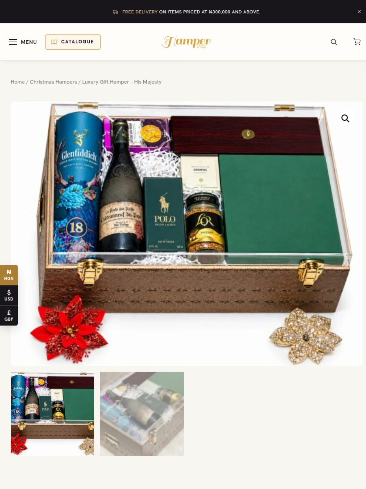 A Hamper Shop product page on a phone, with the hamper contents listed under the title