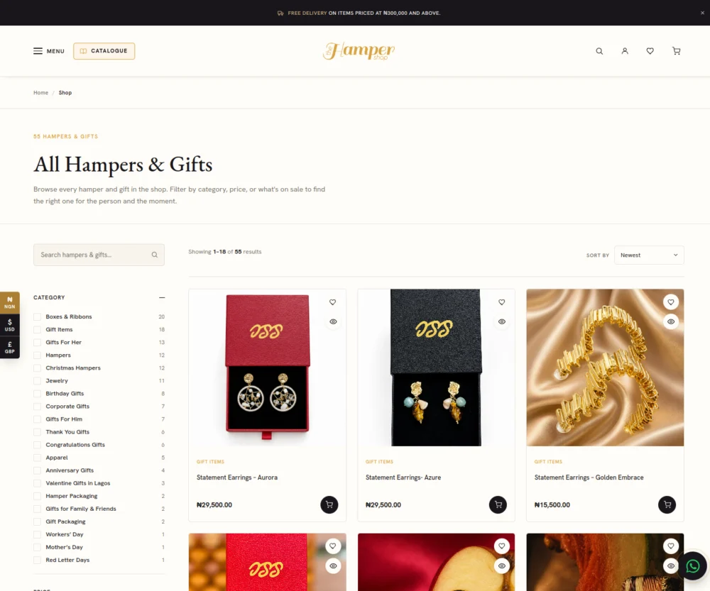 The Hamper Shop full collection page with filters