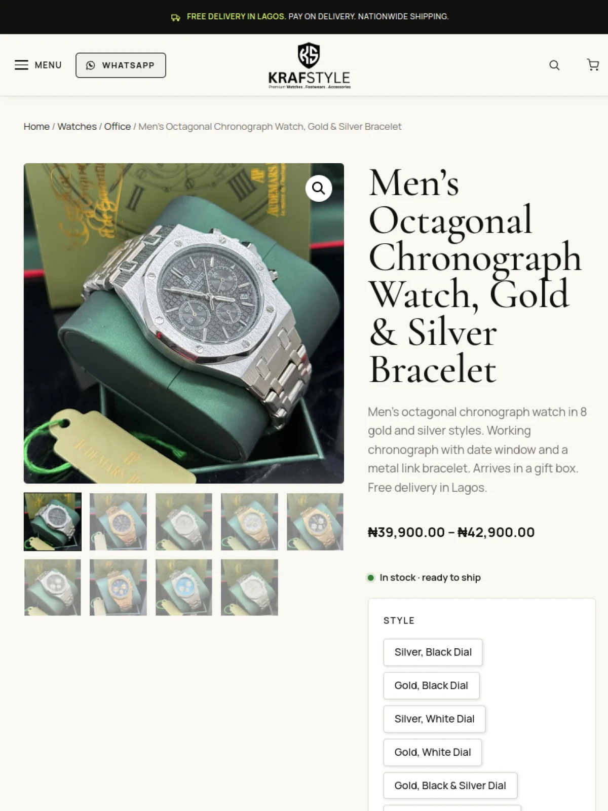 A Krafstyle product page on a phone, showing styles, Add to bag and delivery details